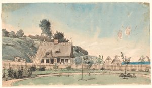Kustlandschap met rieten huizen door P.C. Skovgaard