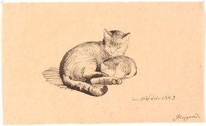 Liggende kat met haar kitten door P.C. Skovgaard