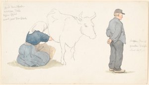 Studieblad met meisje dat een koe melkt, rechts een staande boer door P.C. Skovgaard
