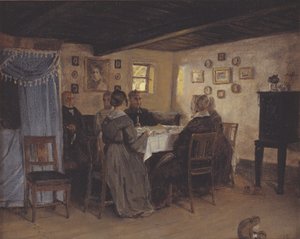 De vrienden en familie van de kunstenaar zittend rond een tafel. Vejby, Noord-Seeland