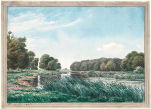 Bosrijk landschap met een meer en drie kinderen die staan te vissen