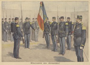 Een soldaat die zich moet verontschuldigen bij de Franse vlag voor het beledigen ervan door P.H.G.V. Michel