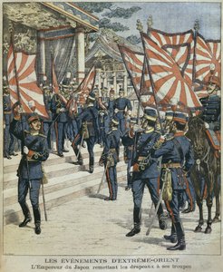 Zijn Keizerlijke Majesteit Mutsuhito, Keizer van Japan, geeft de vlaggen aan zijn troepen, illustratie uit 