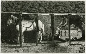 Interieur van een galerij met berlaine. Gravure door Ferat, ter illustratie van het verhaal "België", door Camille Lemonnier (1844-1913) Belgische schrijver. Gepubliceerd in Le Tour du monde, nouveau journal des voyages, 2e semester 1884, uitgegeven door E