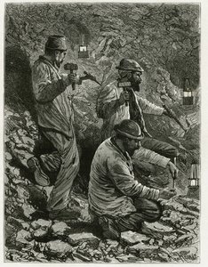 Mijnwerkers die kolen winnen in de ader. Gravure door Ferat, ter illustratie van het verhaal 