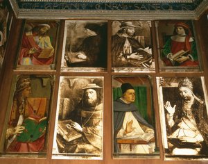 De studie van Federigo da Montefeltro, Hertog van Urbino, met Euclides van Megara, Griekse filosoof (450-374 v.Chr.); Vittorino da Feltre, Italiaanse opvoeder (1378-1446); Solon, Atheense wetgever door P. Joos van Gent and Berruguete