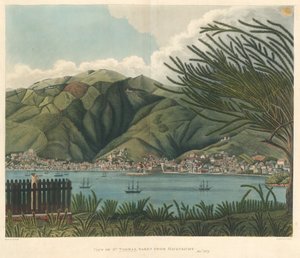 Zicht op St. Thomas, genomen vanaf Havensicht, 18 jan., lithografie door Joseph Constantine Stadler