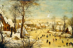 Een Dorp in de Winter met een Vogelval en Schaatsers op een bevroren waterweg door P. the Younger Brueghel