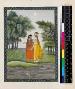 Krishna en Radha wandelen bij de Jumna in het maanlicht na het wisselen van kleding, uit de 