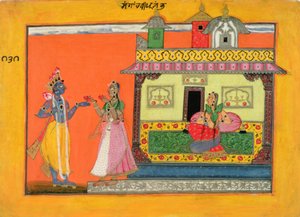 Krishna arriveert bij Radhas huis, illustratie uit een manuscript van de Rasamanjari van Bhanudatta, Basholi stijl, c.1660-70