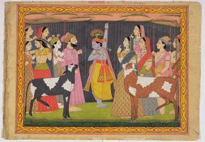 Krishna tilt de berg Govardhana op, uit de Bhagavata purana