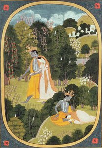 Radha en Krishna wandelend in een bos, Kangra, Himachal Pradesh, 1820-25