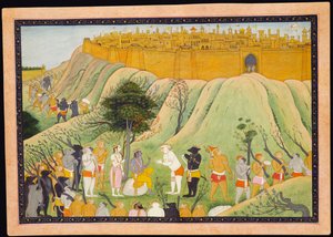 Rama en Lakshmana in overleg met de aap en beer bondgenoten, ca. 1800