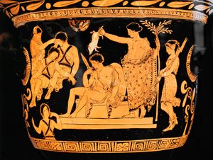 Roodfigurige klok-krater uit Apulië: Apollo zuivert Orestes met het bloed van een big ... door Painter Eumenides