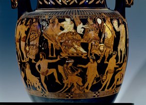 Attische roodfigurige volute-krater, detail van scène van acteurs en muzikanten die zich voorbereiden op een optreden voor Bacchus en Ariadne, Grieks, uit Ruvo, 5e eeuw v.Chr. (keramiek) door Painter Pronomos