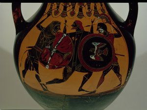 Attische zwartfigurige amfora versierd met een scène van Heracles gekleed in een leeuwenhuid vechtend tegen Cycnus, ca. 540 v.Chr. (keramiek) door Painter of Berlin