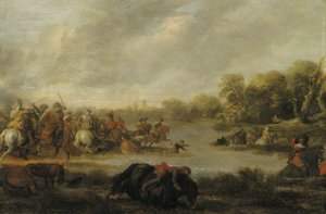 Een cavaleriegevecht bij een rivier door Palamedes Palamedesz