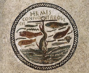 Mozaïek met anker omringd door vissen, symbool van Christus en zijn volgelingen, Catacomben van Sousse, Tunesië, vroegchristelijke periode, 4e eeuw door Paleo Christian