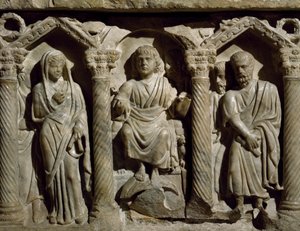 Vroegchristelijke sarcofaag ook bekend als Sarcofaag van de Zalige Giles, marmer, Oratorium van San Bernardino, Perugia, Umbrië, (detail), Italië, 4e eeuw door Paleo Christian