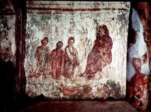 Vroegchristelijke kunst: Mozes gered uit het water. Fresco, 4e eeuw na Chr. Catacombe van Via Latina in Rome door Paleo Christian