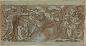Ceres die Ascalaphus verandert in een vogel van het kwade voorteken (pen en bruine inkt met bruin gewassen, gehoogd met wit op blauw geschept papier) door Paolo Farinati