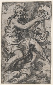 Cupido en Apollo met een lier, ca. 1568 door Paolo Farinati
