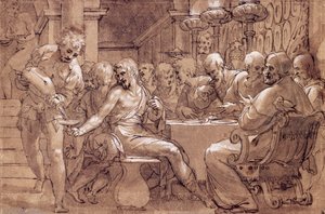 Het avondmaal van Sint-Gregorius, tekening door Paolo Farinati (1524-1606), grijs-bruine aquarel, pen, wit lood en zwart potlood, Italië door Paolo Farinati