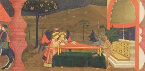 Predella van de ontheiliging van de hostie: Het lichaam van de Joodse pandjesbaas bewaakt door engelen en duivels (detail)