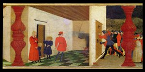 Predella van de ontheiliging van de hostie: De Joodse pandjesbaas roostert de geconsacreerde hostie in het vuur dat met bloed stroomt en de aandacht trekt van de gerechtsdeurwaarders die de deur inslaan, c.1468 (detail)