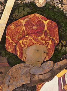 De Slag bij San Romano, detail van het hoofd van Niccolo da Tolentino, leider van de Florentijnse huurlingen door Paolo Uccello