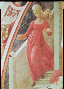 De Geboorte van de Maagd, dienstmeid die een trap afdaalt, uit de fresco cyclus van De Levens van de Maagd en St. Stefanus (detail) door Paolo Uccello