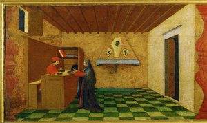 De ontheiliging van de hostie: De hostie wordt verkocht aan een koopman (schurft op hout) door Paolo Uccello