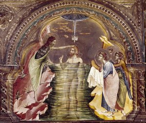 De doop van Jezus, detail van de polyptiek van Santa Chiara door Paolo Veneziano