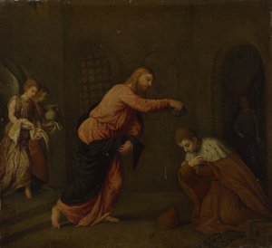 Christus doopt Sint Jan de Martelaar van Alexandrië, c. 1565 door Paris Bordone
