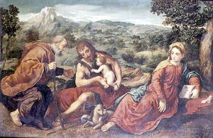 Heilige Familie met Johannes de Doper in een landschap door Paris Bordone