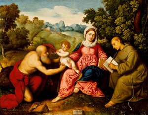 Madonna en kind met heiligen Jerome en Franciscus door Paris Bordone