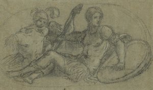 Zittende mannelijke figuur met putto en harnas door Paris Bordone