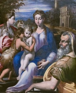 Heilige familie met Sint Johannes de Doper en Maria Magdalena door Parmigianino (1503 40) (follower of)