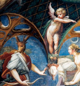 Diana verandert Actaeon in hert, detail van Mythe van Diana en Actaeon, circa 1524, door Francesco Mazzola, bekend als Parmigianino, fresco, Kamer van Diana en Actaeon, Rocca Sanvitale, Fontanellato, nabij Parma, Emilia-Romagna