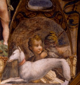 Hond en jager, uit de Mythe van Diana en Actaeon door Parmigianino