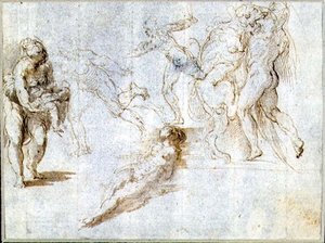 Figurenstudies: Vrouw met een Baby; Man Achtervolgd door een Ander; Naakte Vrouw Liggend op de Grond; Hercules en de Nemeïsche Leeuw