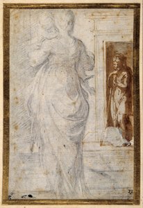 Achteraanzicht van een vrouw met een kind; een man leunt op zijn staf in een deuropening door Parmigianino