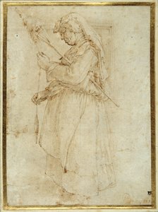 Oude vrouw met een spinrok, staand voor een open haard door Parmigianino