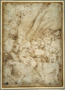 Herderjongen met een pijp, rustend onder een boom met zijn hond tussen hun kudde door Parmigianino