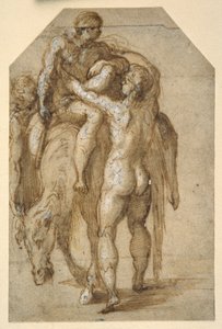 Twee naakte mannen tillen een zieke man van een vermoeid paard door Parmigianino