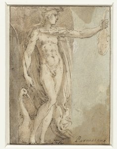 Mercurius staand in een nis met een viool en een ibis door Parmigianino