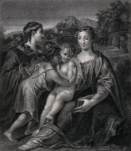 Heilige Maria (de gezegende Maagd) met het Christuskind, de heilige Johannes de Doper en de heilige Maria Magdalena. Gravure naar G.F.M. Mazzola, il Parmigianino. door Parmigianino