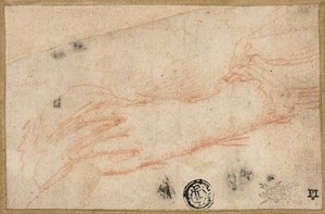 Schets van linkerhand en pols door Parmigianino