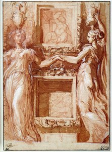 Twee kanephoren die hun hand geven, aan beide zijden van dozen Tekening in inkt, was, bloed en witte flappen door Girolamo Francesco Maria Mazzola, bekend als Parmigianino of Le Parmesan