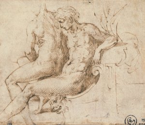 Twee geliefden zittend op een bank door Parmigianino